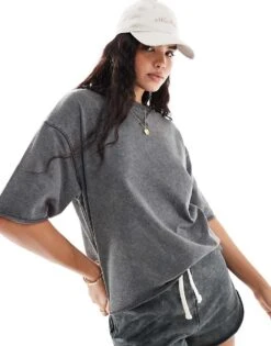 Pimkie Crew Neck T-shirt Co-ord In Dark Grey For Women Dark Grey Wash