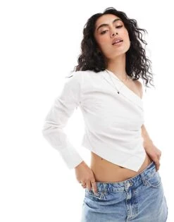 Pimkie Poplin One Shoulder Asymmetric Hem Top In White For Women