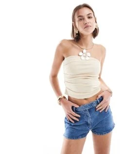 Pimkie Ruched Bandeau Top In Beige For Women