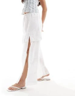 Pimkie Tiered Broderie Detail Thigh Split Maxi Skirt In White For Women -Cheap Fashnado Store 206776448 1 white 1
