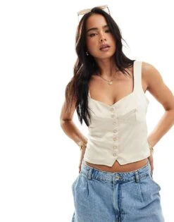 Pimkie Satin Sweetheart Neckline Button Through Waistcoat Top In Cream For Women