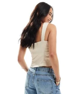 Pimkie Satin Sweetheart Neckline Button Through Waistcoat Top In Cream For Women -Cheap Fashnado Store 206776557 4