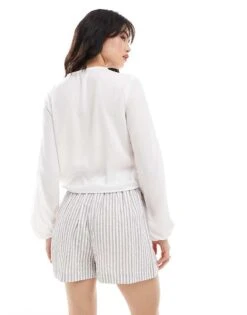 Pimkie Balloon Sleeve Wrap Blouse In Black For Women White -Cheap Fashnado Store 206776569 3