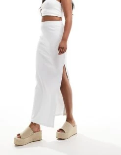 Pimkie Ribbed Side Split Maxi Skirt In White For Women Optical White