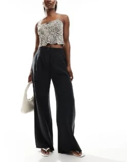 Pimkie Side Pleat Wide Leg Trousers In Black For Women