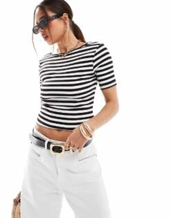 Pimkie Short Sleeve Fitted T-shirt With Scoop Back In Black And White Stripe For Women Black/ White Stripe