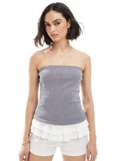 Pimkie Ribbed Bandeau Top In Charcoal For Women