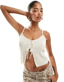 Pimkie Plisse Tie Front Cami Top In White For Women -Cheap Fashnado Store 206828186 1 white 1