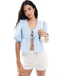 Pimkie Puff Sleeve Tie Front Peplum Top In Blue Stripe For Women -Cheap Fashnado Store 206834848 1 bluestripe 1