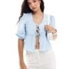Pimkie Puff Sleeve Tie Front Peplum Top In Blue Stripe For Women -Cheap Fashnado Store 206834848 1 bluestripe