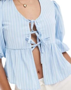 Pimkie Puff Sleeve Tie Front Peplum Top In Blue Stripe For Women -Cheap Fashnado Store 206834848 4