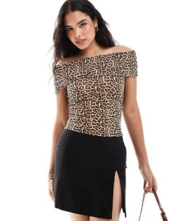 Pimkie Slinky Fold Over Bardot Top In Leopard Print For Women -Cheap Fashnado Store 206834850 1 leopardprint 1
