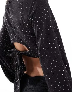 Pimkie Puff Sleeve Open Tie Back Cropped Blouse In Black Polka Dot For Women -Cheap Fashnado Store 206834903 3
