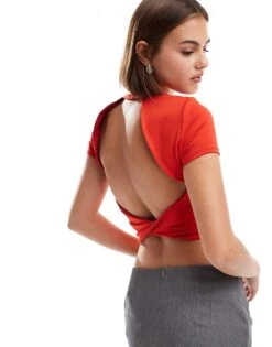Pimkie Short Sleeve Open Twist Back Top In Red For Women -Cheap Fashnado Store 206834908 1 red 1