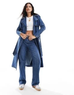 Pimkie Denim Belted Mac In Dark Blue Wash For Women -Cheap Fashnado Store 206835567 1 denim 1