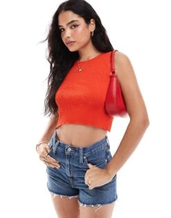 Pimkie Knit Rib Strappy Back Detail Crop Top In Red For Women Fiery Red