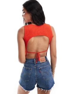 Pimkie Knit Rib Strappy Back Detail Crop Top In Red For Women Fiery Red -Cheap Fashnado Store 206916941 4