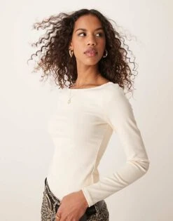 Pimkie Boat Neck Long Sleeve Top In Beige For Women