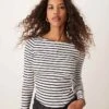 Pimkie Boat Neck Long Sleeve Top In Grey Stripe For Women Dark Stormy