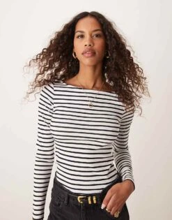 Pimkie Boat Neck Long Sleeve Top In Grey Stripe For Women Dark Stormy
