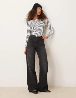 Pimkie Boat Neck Long Sleeve Top In Grey Stripe For Women Dark Stormy -Cheap Fashnado Store 206970250 3