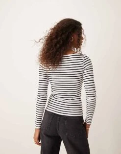 Pimkie Boat Neck Long Sleeve Top In Grey Stripe For Women Dark Stormy -Cheap Fashnado Store 206970250 4