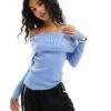 Pimkie Ribbed Fold Over Bardot Jumper In Light Blue For Women -Cheap Fashnado Store 206970345 1 blue