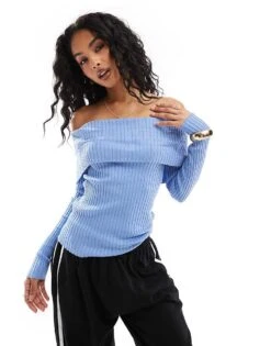 Pimkie Ribbed Fold Over Bardot Jumper In Light Blue For Women