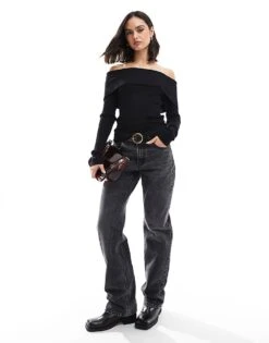 Pimkie Ribbed Knit Fold Over Bardot Jumper In Black For Women 10 Pimkie Ribbed Knit Fold Over Bardot Jumper In Black For Women -Cheap Fashnado Store 206970352 4