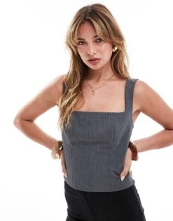 Pimkie Tailored Square Neck Top In Grey For Women Dark Gray