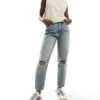 Pimkie High Waisted Knee Rip Distressed Mom Jeans In Dirty Blue Wash For Women -Cheap Fashnado Store 206970391 1 dirty