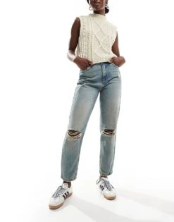Pimkie High Waisted Knee Rip Distressed Mom Jeans In Dirty Blue Wash For Women