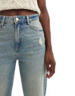 Pimkie High Waisted Knee Rip Distressed Mom Jeans In Dirty Blue Wash For Women -Cheap Fashnado Store 206970391 4