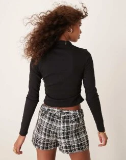 Pimkie High Neck Ribbed Ruched Detail Long Sleeve Crop Top In Black For Women -Cheap Fashnado Store 206970399 4