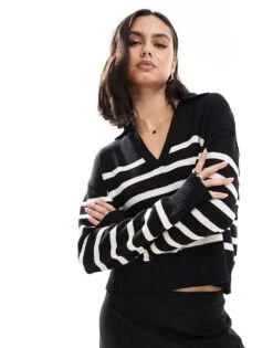 Pimkie V Neck Collar Detail Jumper In Black And Cream Stripes For Women Multi