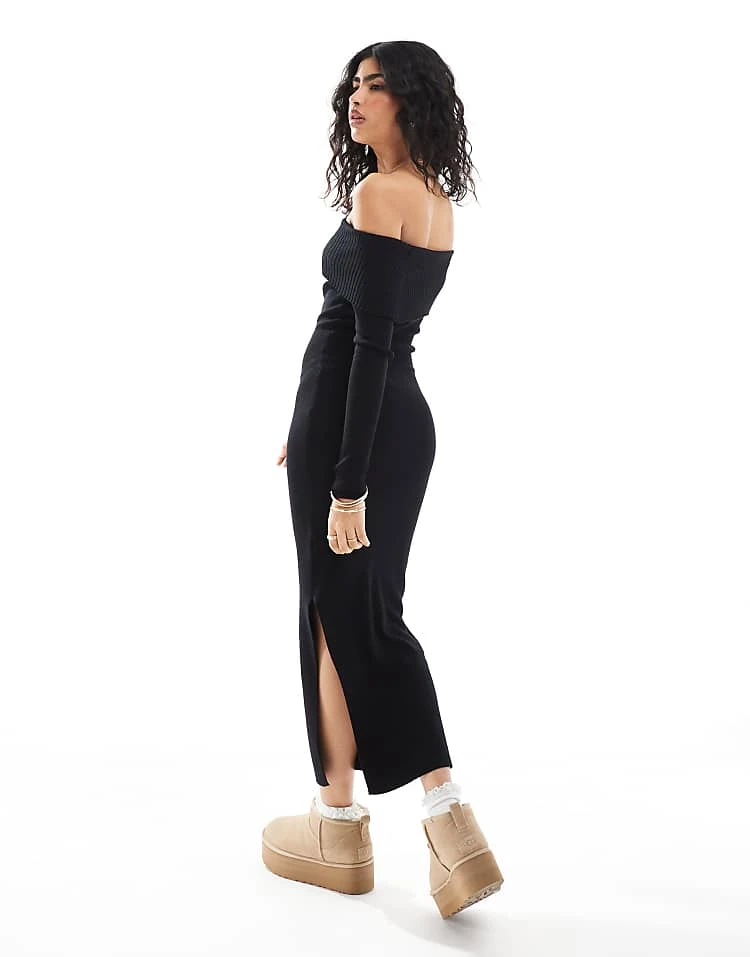 Pimkie Knitted Rib Bardot Midaxi Jumper Dress In Black For Women 4 Pimkie Knitted Rib Bardot Midaxi Jumper Dress In Black For Women - Image 2