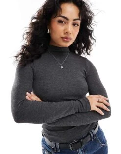 Pimkie Ribbed Roll Neck Top In Dark Grey For Women -Cheap Fashnado Store 207124420 1 darkgrey 1