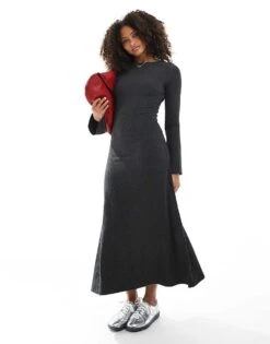 Pimkie Ribbed Boat Neck Flared Sleeve Maxi Dress In Grey For Women Dark Grey