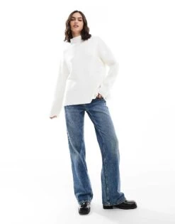 Pimkie Knitted High Neck Side Split Jumper In White For Women