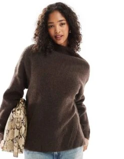 Pimkie High Neck Wide Sleeve Jumper In Brown For Women