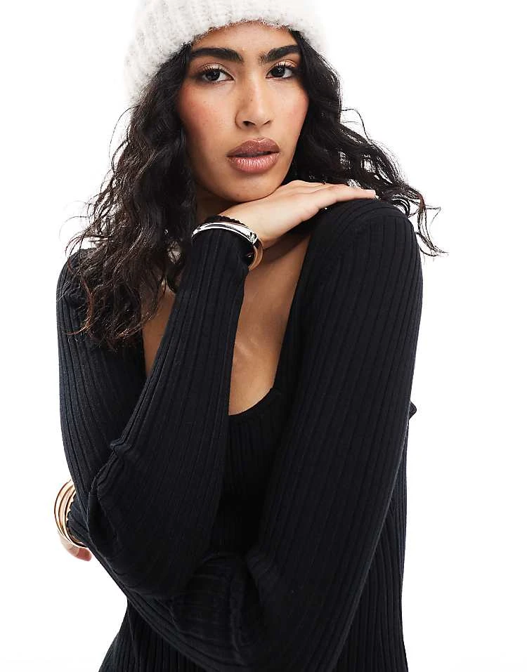Pimkie Knitted Rib Square Neck Midaxi Dress In Black For Women 6 Pimkie Knitted Rib Square Neck Midaxi Dress In Black For Women - Image 4