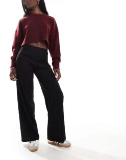Pimkie Textured Wide Leg Trousers In Black For Women