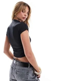 Pimkie Slinky Ruched Cap Sleeve Top In Black For Women 10 Pimkie Slinky Ruched Cap Sleeve Top In Black For Women -Cheap Fashnado Store 207129883 4