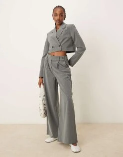 Pimkie Cropped Tailored Blazer And Wide Leg Tailored Trousers Co-ord In Grey Pinstripe
