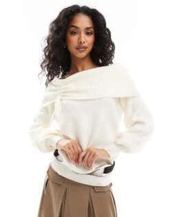 Pimkie Knitted Bardot Ruched Detail Jumper In White For Women