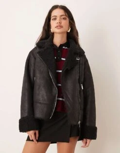 Pimkie Faux Shearling Aviator Jacket In Black For Women -Cheap Fashnado Store 207133358 1 black 1