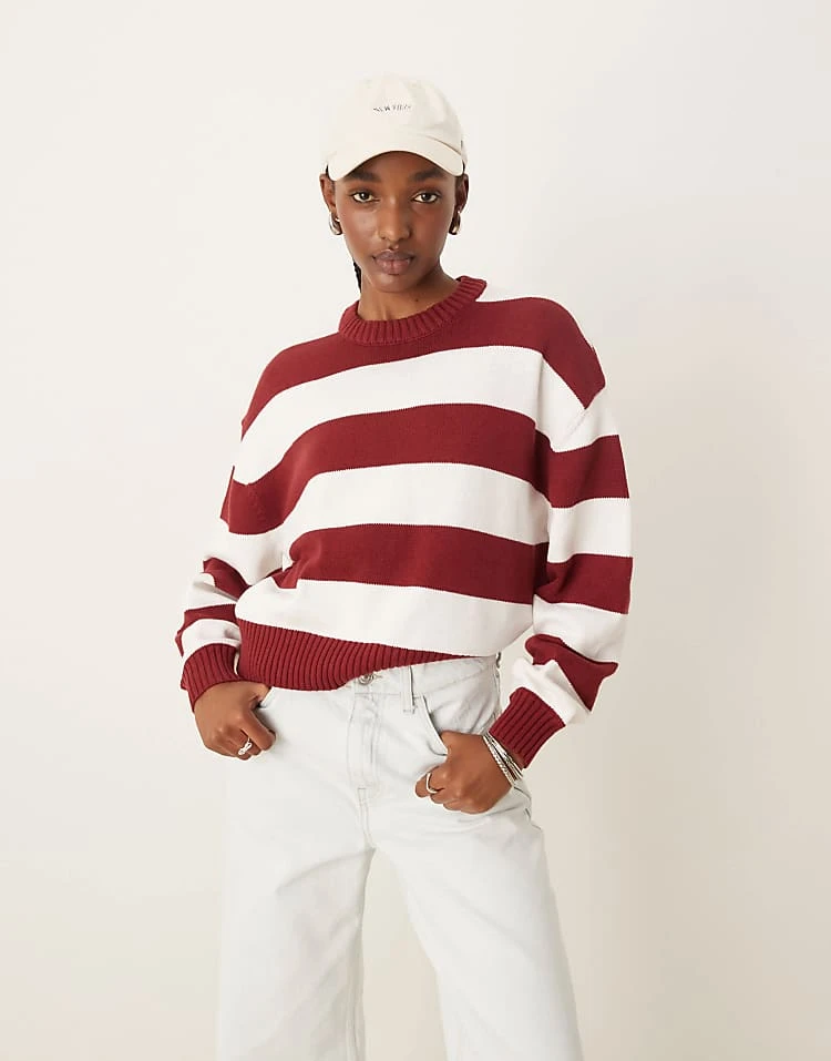 Pimkie Crew Neck Jumper In Burgundy Stripe For Women Burgundy/white 7 Pimkie Crew Neck Jumper In Burgundy Stripe For Women Burgundy/white - Image 5