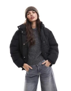 Pimkie Padded Hooded Coat With Drawstring Hood In Black For Women