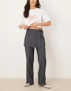 Pimkie 2 In 1 Tie Side Skirt And Straight Leg Trouser In Grey For Women