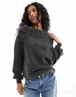 Pimkie Knitted Bardot Ruched Detail Jumper In Grey For Women